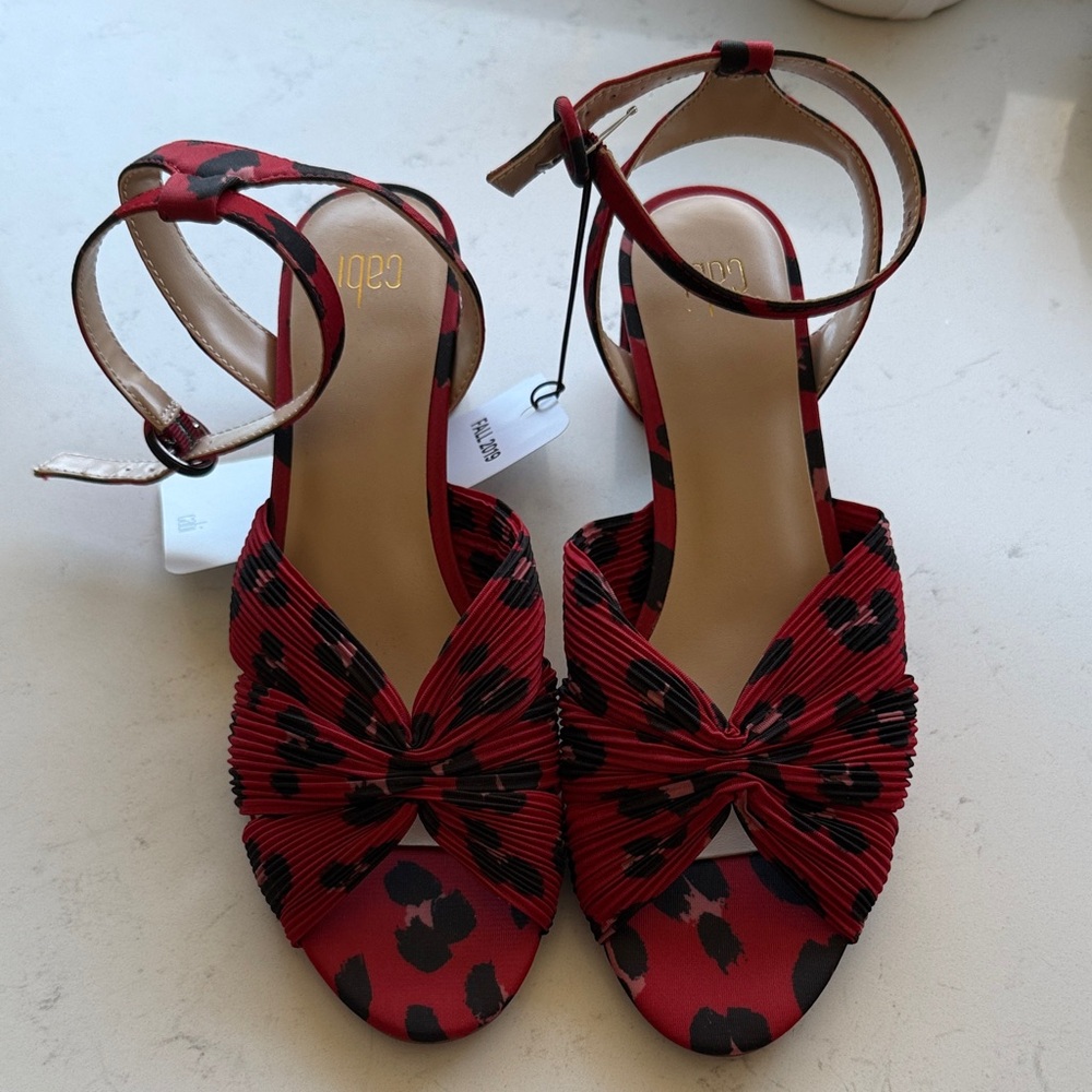 CAbi Red and Black Leopard Print Knotted Ankle Strap Heels